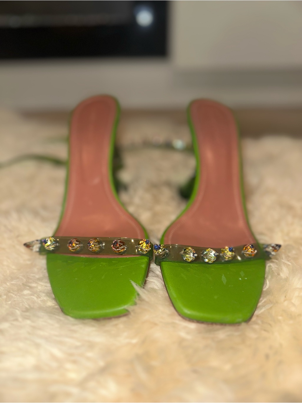 Amina Muaddi Neon Green Jeweled Slide Mules